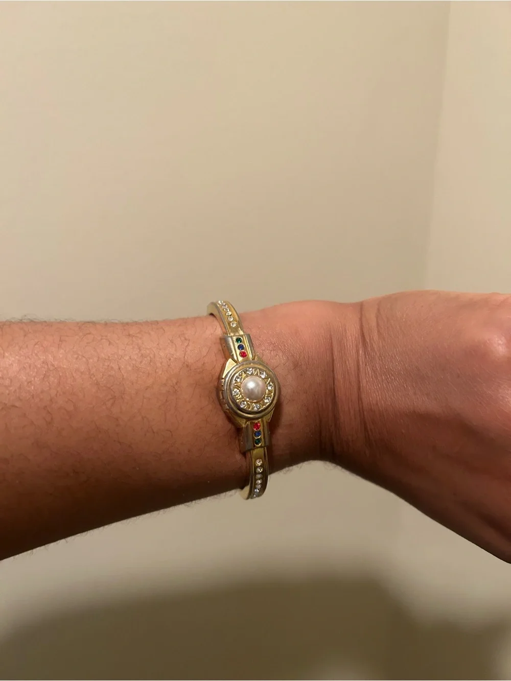 Vintage Gold-tone Women's Bracelet Watch with Multicolor Stones